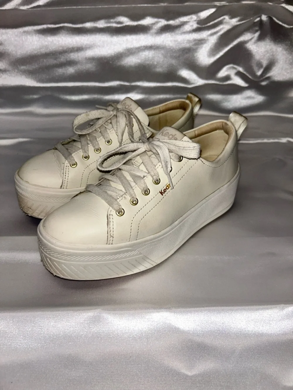 Keds Leather Cream Platform Lace-Up Sneakers | Size 7.5 EU 38 UK 5